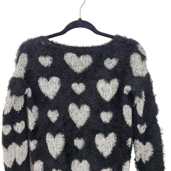 Vintage Fuzzy Eyelash Sweater‎ XS Black White Heart Stretch Whimsical Kidcore - Picture 7 of 11